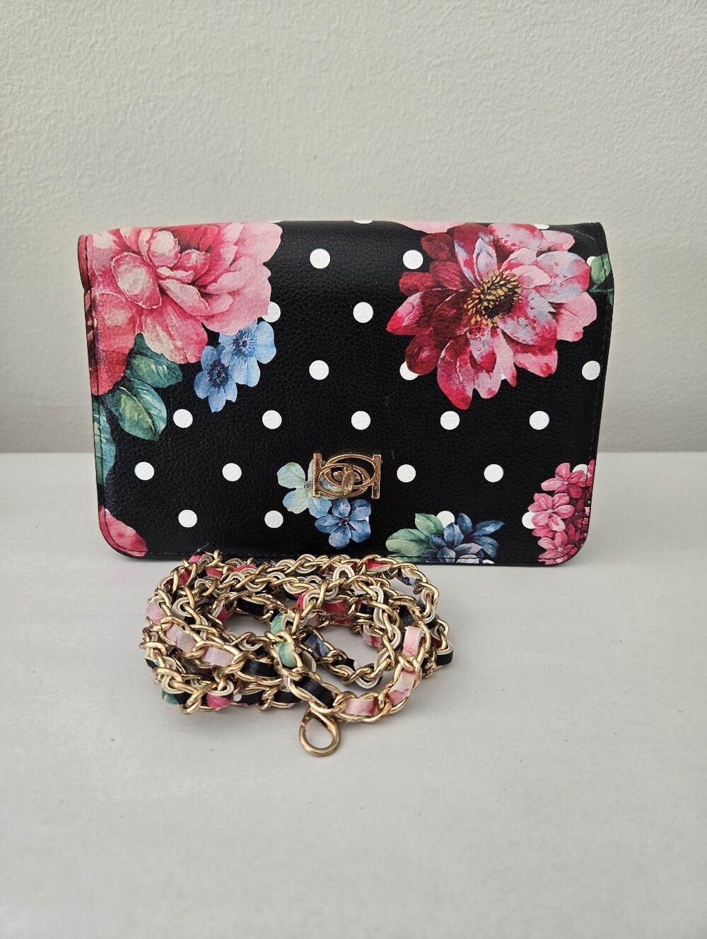 Bebe Black Leather Pink Floral Gold Metal Accent Shoulder Bag